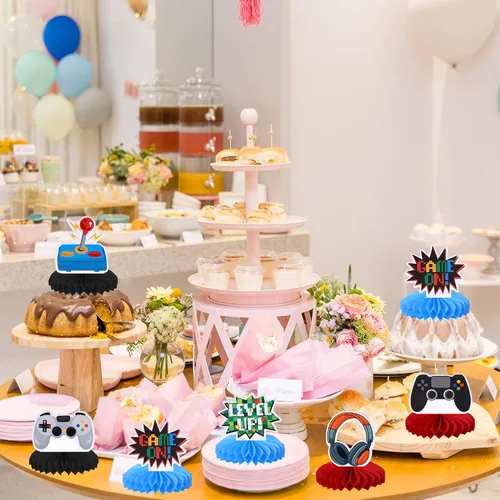 Vista 7 de 6 piezas de centros de mesa de panal de abeja de videojuegos Game On Controllers GamePad adornos de mesa centros de mesa decoración para baby shower