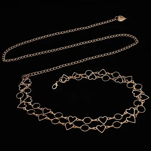 Vista 4 de Cinturón de cadena de cintura con borla larga para mujer, cadena ajustable de metal para el vientre para vestido Corazón doble dorado