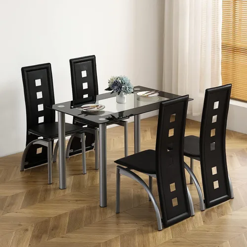 Vista 7 de Juego de mesa de comedor negra de 5 piezas para 4, juego de mesa y sillas de cocina de vidrio moderno, juego de mesa de comedor que ahorra espacio