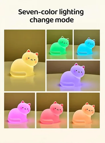 Vista 3 de Luz nocturna de gato para niños, lámpara de 7 colores, toque regulable, recargable portátil y esponjoso, luz nocturna LED de silicona, regalo