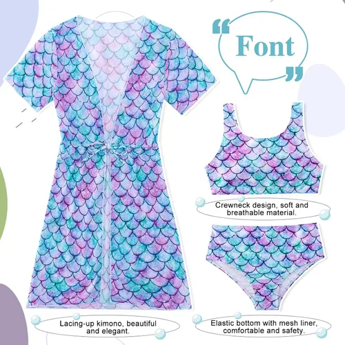Vista 4 de AIDEAONE Conjunto de traje de baño de 3 piezas para niñas con kimono de secado rápido con cordón de ajuste para 5-12 años