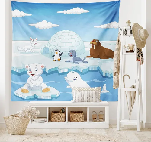 Vista 2 de Ambesonne Tapiz de animales tamaño King, imagen de animales árticos, osos polares, foca, pingüinos, lobos, ballenas, obra de arte, colcha