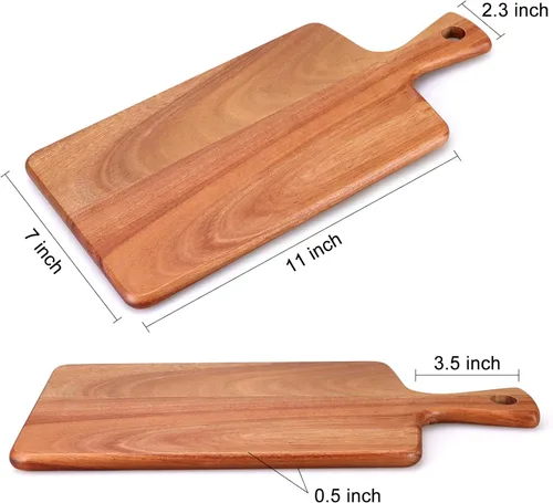 Vista 3 de Tabla de cortar de madera de acacia con mango para cocina, tablas de cortar de madera pequeñas para fruta, queso, pan, carne, charcutería, servir