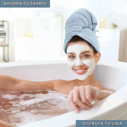 Vista 7 de Toalla Grande de Microfibra para Envolver el Cabello para Mujeres, Toalla de Secado de Cabello Anti-Encrespamiento con Correa Elástica, Secado Azul