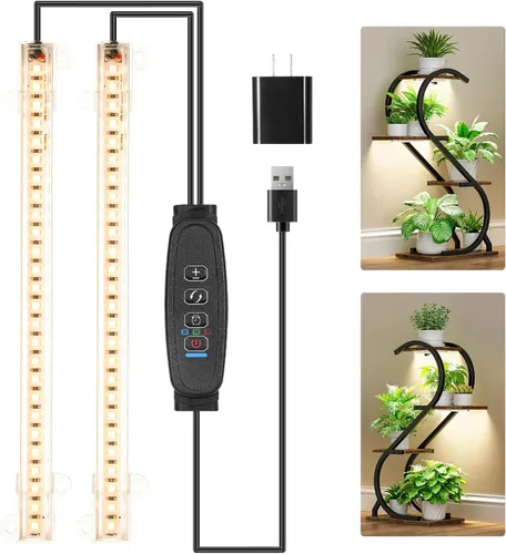 Vista 15 de RWNTAO Lámpara de cultivo de dos tiras para plantas de interior, tiras de luz LED de espectro completo rojo, azul y amarillo, con temporizador