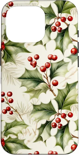Vista 20 de Lindo diseño de bayas de acebo y hojas de Navidad para el caso de Navidad para iPhone 16
