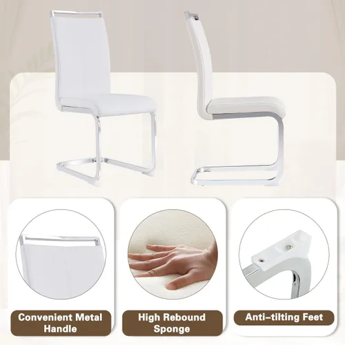 Vista 6 de Juego de mesa de comedor de cristal para 4, mesa rectangular con 4 sillas de cocina de cuero blanco, juego de comedor de cocina de 51 pulgadas, mesa