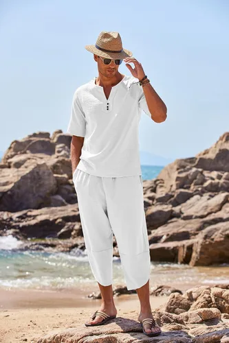 Vista 2 de COOFANDY Conjunto de 2 piezas de lino para hombre, camisa Henley de manga corta y pantalones capri harén, pierna ancha, holgados, pantalones de yoga