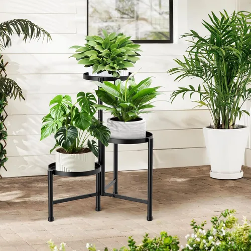 Vista 8 de Soporte esquinero de 3 niveles para plantas para interiores y exteriores, estante de metal para plantas con bandeja de 10 pulgadas de ancho, soporte