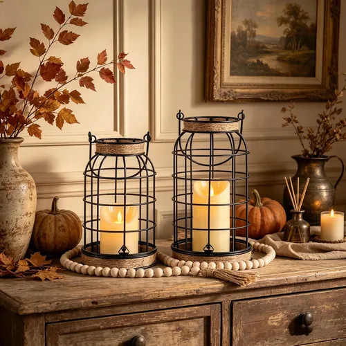 Vista 3 de Farol de vela rústico de granja, 2 faroles decorativos con velas
