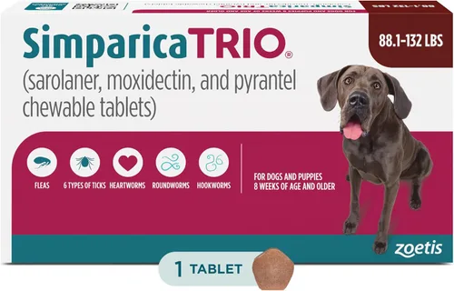 Vista 15 de Simparica Trio (sarolaner, moxidectina y tabletas masticables de pirantel) masticables para perros, 6 mg/tab, 5.6-11 libras, (púrpura), 1 tableta