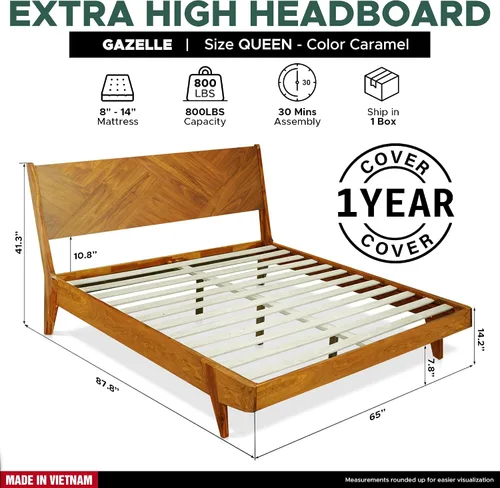 Vista 2 de Gazelle Signature - Marco de cama con cabecera alta de plataforma de madera maciza, marco de cama Queen, cama de madera natural Art Deco compatible