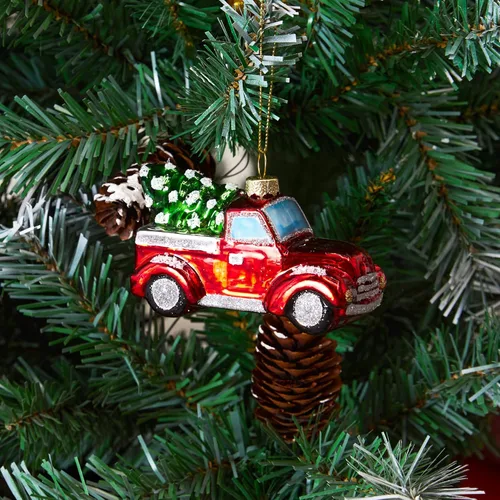 Vista 6 de Joiedomi Adornos Navideños Mini de Camión Rojo con Árbol, Adorno Pequeño y Divertido de Vidrio Soplado para Colgar en Árbol de Navidad, Decoraciones