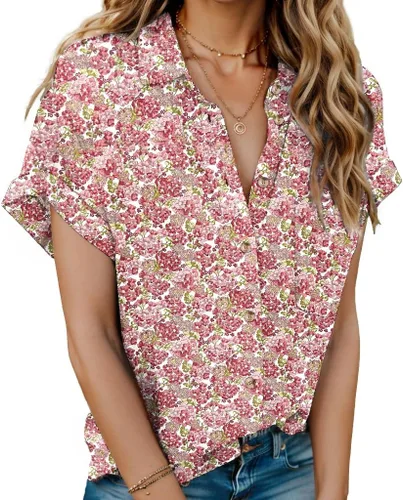 Vista 20 de HOTOUCH Camisas de Lino para Mujer con Botones Blusas de Manga Corta de Algodón Cuello en V con Cuello Tops de Gasa con Botones S-3XL