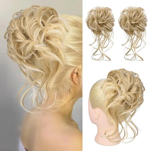 Vista 21 de HOOJIH 2 piezas de extensiones de cabello estilo moño despeinado, extensiones de cabello rizado y ondulado con tiras, cola de caballo, horquillas
