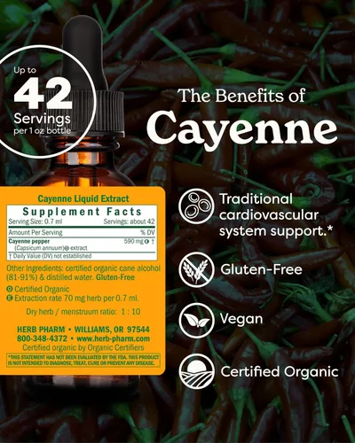 Vista 2 de Herb Pharm Gotas de extracto de cayena orgánico certificado para apoyo cardiovascular y circulatorio, 1 onza