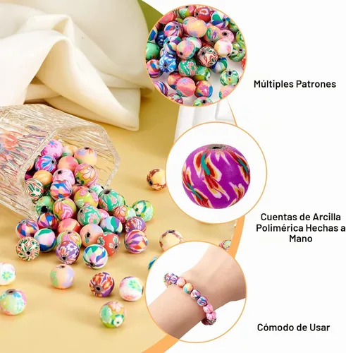Vista 6 de Pandahall - 200 cuentas redondas de arcilla polimérica colorida de 0.3 pulgadas, cuentas de bolas de chicle, abalorios de flores impresas