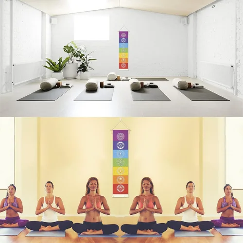 Vista 7 de Póster colgante de lienzo para meditación, 7 chakras, mandala, yoga, pintura Tapiz de yoga para colgar en la pared con 1 borla, decoración