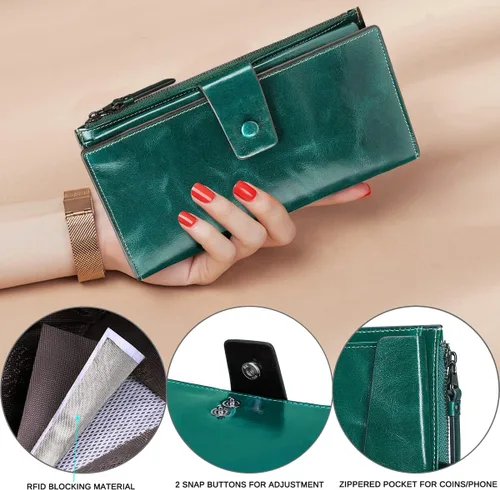 Vista 6 de Itslife Cartera de cuero con bloqueo RFID de gran capacidad para mujer, cartera de chequera auténtica, verde aceite, Classic