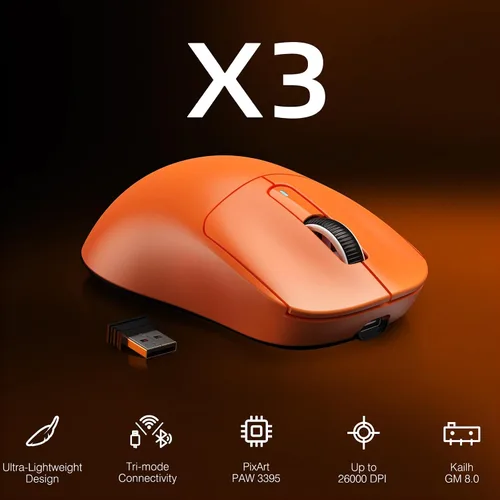 Vista 2 de ATTACK SHARK X3 Mouse Inalámbrico para Juegos, Mouse Ergonómico para Computadora de 1.73 oz, Triple Modo Sensor Óptico PAW3395 de 26K DPI, Duración