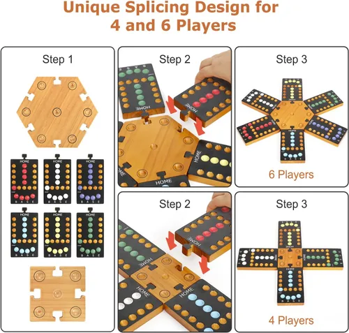 Vista 2 de Juego de mesa de mármol, juego de mesa de madera para 4 y 6 jugadores, juego de mármol original portátil con 24 canicas, 12 dados para familiares