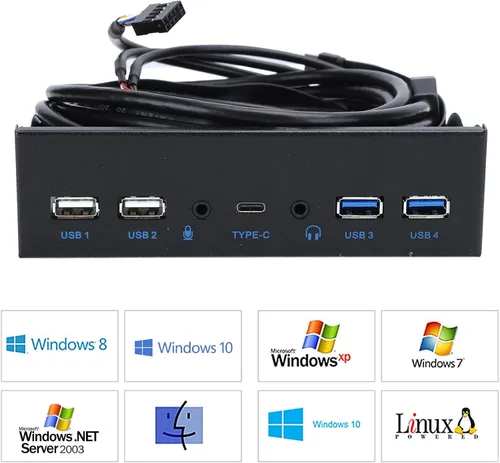 Vista 6 de Panel frontal USB extra, concentrador USB con 2 puertos USB 3.0/2 puertos USB 2.0/salida de audio, entrada de micrófono, puerto USB C, unidad óptica