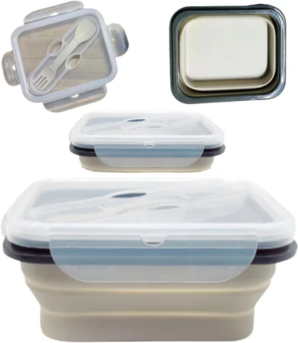 Vista 2 de Green Handle US - Caja Bento reutilizable plegable para llevar para microondas y lavavajillas, sin BPA, no tóxica, antiadherente, color beige