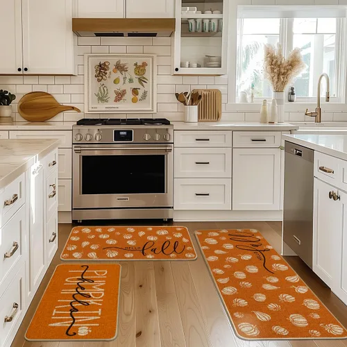 Vista 4 de Artoid Mode Juego de 3 tapetes de cocina naranja con texto en inglés "Hello Pumpkin", decoración otoñal para el hogar, alfombras de cocina de bajo