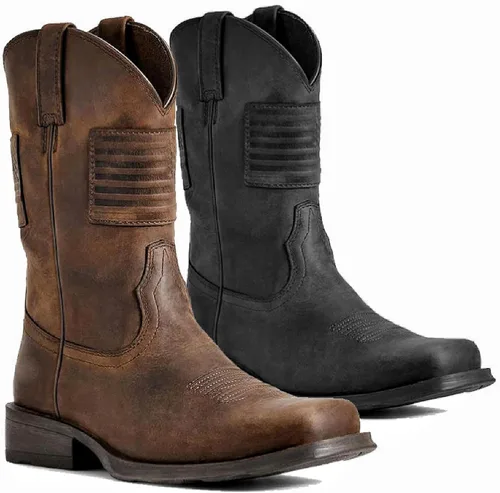 Vista 2 de Botas vaqueras deportivas para hombre, botas vaqueras retro con punta cuadrada, botas de trabajo rural, botas de caza para hombre, botas vaqueras