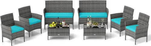 Vista 17 de RELAX4LIFE Juego de muebles de patio de 4 piezas – Juego de muebles de ratán para conversación al aire libre con cojines, mesa de centro de cristal