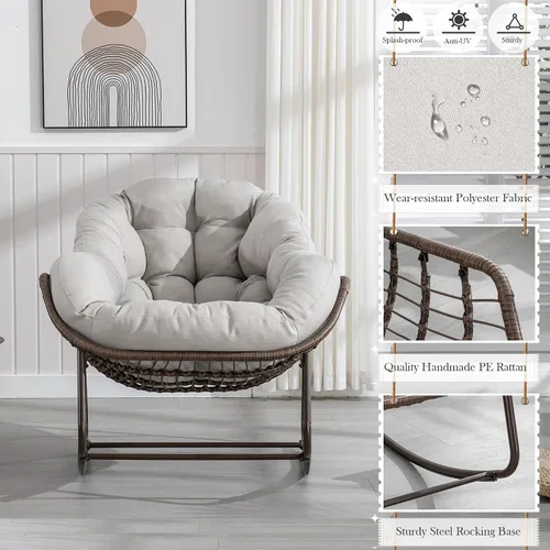 Vista 4 de Mecedora para patio al aire libre, silla mecedora de huevos de ratán para interiores, cómoda silla Papasan de gran tamaño con cojín más grueso