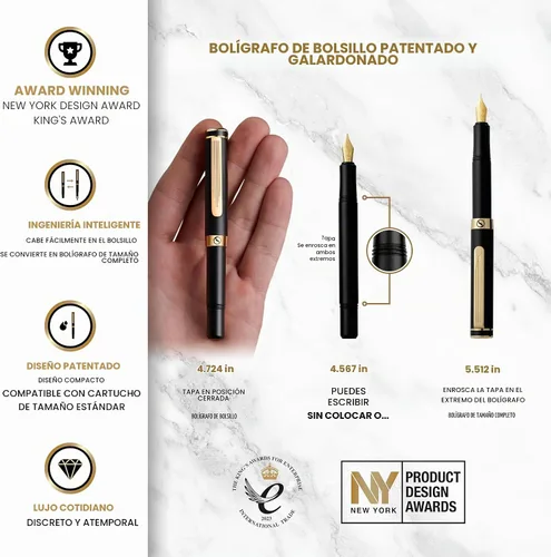 Vista 4 de Scriveiner Pluma Estilográfica EDC de Lujo (Mediana), Impresionante Pluma de Bolsillo Negra de Lujo, Chapado en Oro Real, Plumín Dorado Schmidt 1.
