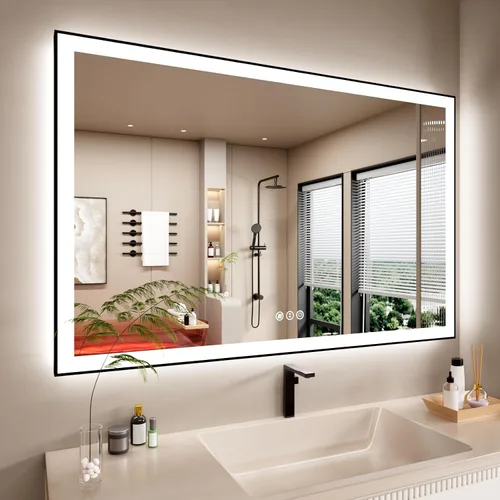 Vista 17 de Espejo de baño LED de 24x28 pulgadas con marco negro, espejos de baño retroiluminados y con luz frontal para pared, antiempañamiento, regulable