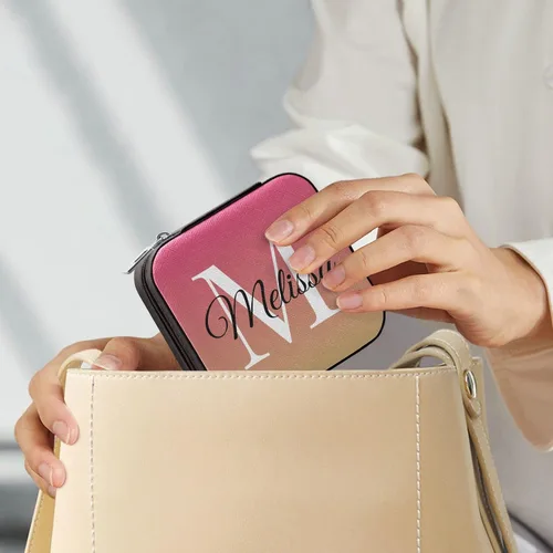 Vista 7 de Caja de joyería de viaje personalizada con degradado rojo y rosa con diseño de degradado, de piel sintética, portátil, organizador de joyas