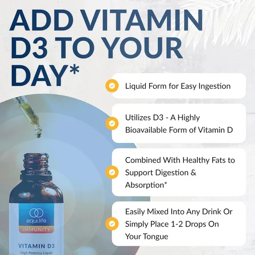 Vista 6 de Equilife Vitamina D3: gotas líquidas de alta potencia para una fácil digestión y absorción, apoya la función inmunológica, promueve la salud ósea