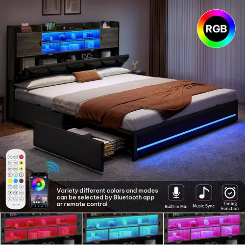 Vista 4 de DWVO Queen Size Bed Frame with RGB LED Lights & Storage Bookcase Headboard Upholstered Bed with Charging Station and 4 Drawers, No Box Spring