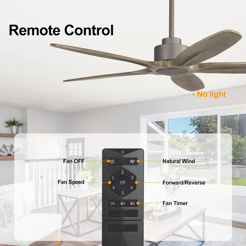 Vista 7 de WINGBO Ventilador de techo de 54 pulgadas sin luz, 5 aspas de madera maciza tallada, motor CC reversible de 6 velocidades, ventilador de techo
