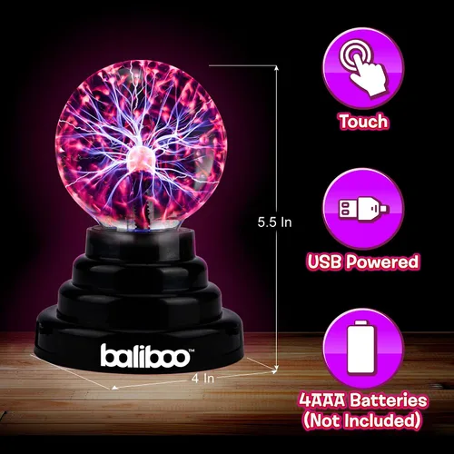 Vista 2 de BALIBOO Lámpara de bola de plasma mini de 7,6 cm – Globo de rayos activado por toque – Lámpara de globo de plasma USB y a pilas – Bola