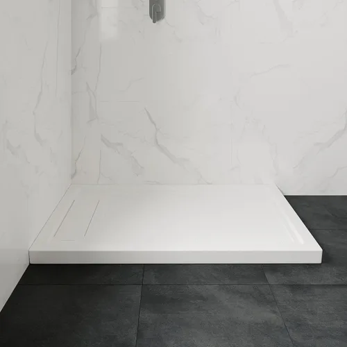 Vista 2 de OVE Decors Base de ducha rectangular de 60 pulgadas de ancho x 34 pulgadas de profundidad, drenaje lateral oculto, acrílico blanco, diseño reversible