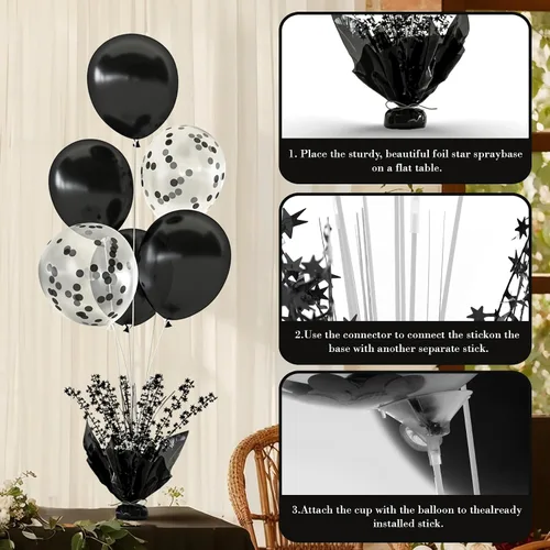 Vista 6 de 2 Juego de Globos de Mesa Negros con Spray de Aluminio para Centro de Mesa con Globos Negros y de Confeti, Kit de Soporte para Decoración de Mesa