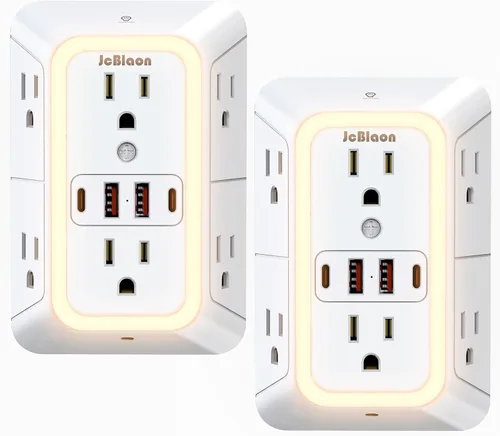 Vista 11 de Extensor de toma de corriente de pared con luz nocturna, adaptador de enchufe de alimentación extensor de 6 salidas con 4 puertos de carga USB