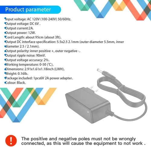 Vista 4 de Adaptador de fuente de alimentación de 6V 2A AC 100-240V a DC 6Volt 2Amp 1A Cable de alimentación de transformador con enchufe de CC de 0.217 x