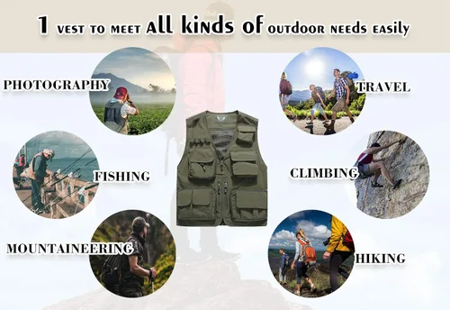 Vista 5 de Flygo Chaleco casual de varios bolsillos para hombre, uso al aire libre, para pescar, con fotos, safari, trabajo, viajes, chaleco