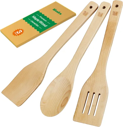 Vista 15 de Riveira Cucharas de madera de bambú para cocinar, 3 piezas, espátula de madera esencial para apartamento, cuchara antiadherente, juego de utensilios