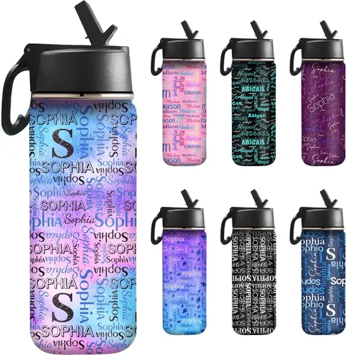 Vista 17 de InterestPrint Botella de agua personalizada para niños de 18 onzas con tapa de pajilla, botella de agua aislada de doble pared de acero inoxidable