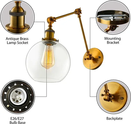 Vista 3 de Iluminación industrial estilo vintage 1 luz apliques de pared ajustable brazo oscilante aplique de pared con pantalla de globo transparente
