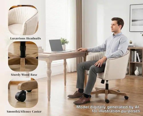 Vista 5 de Silla de escritorio de piel sintética beige, silla de escritorio tapizada giratoria con brazo ajustable con cabezas de clavos, cómoda silla