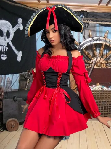 Vista 4 de Disfraz sexy de pirata de Halloween para mujer, 3 piezas de vestido de capitán