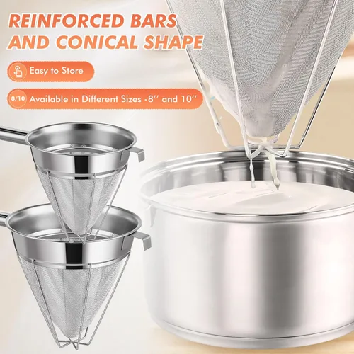 Vista 7 de Nuogo Juego de 2 coladores chinos de acero inoxidable de malla fina de metal para caldo de alimentos, colador de malla fina con mango y espátula