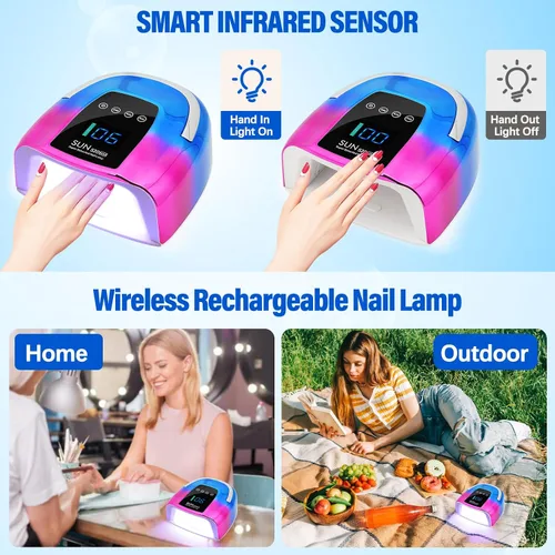 Vista 4 de Lámpara de uñas LED UV, inalámbrica, luz UV recargable portátil de 128 W para uñas de gel, secadora de luz de gel profesional con sensor automático
